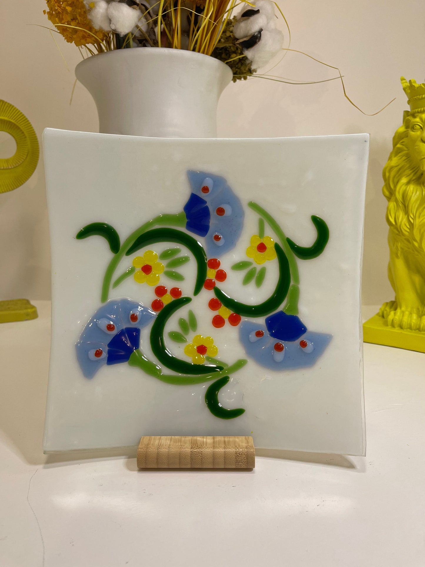 Geschmolzene Glasplatte mit osmanischen Blumenmotiven | Dekorative Glaskunst | modernes Glas | Einweihungsgeschenk