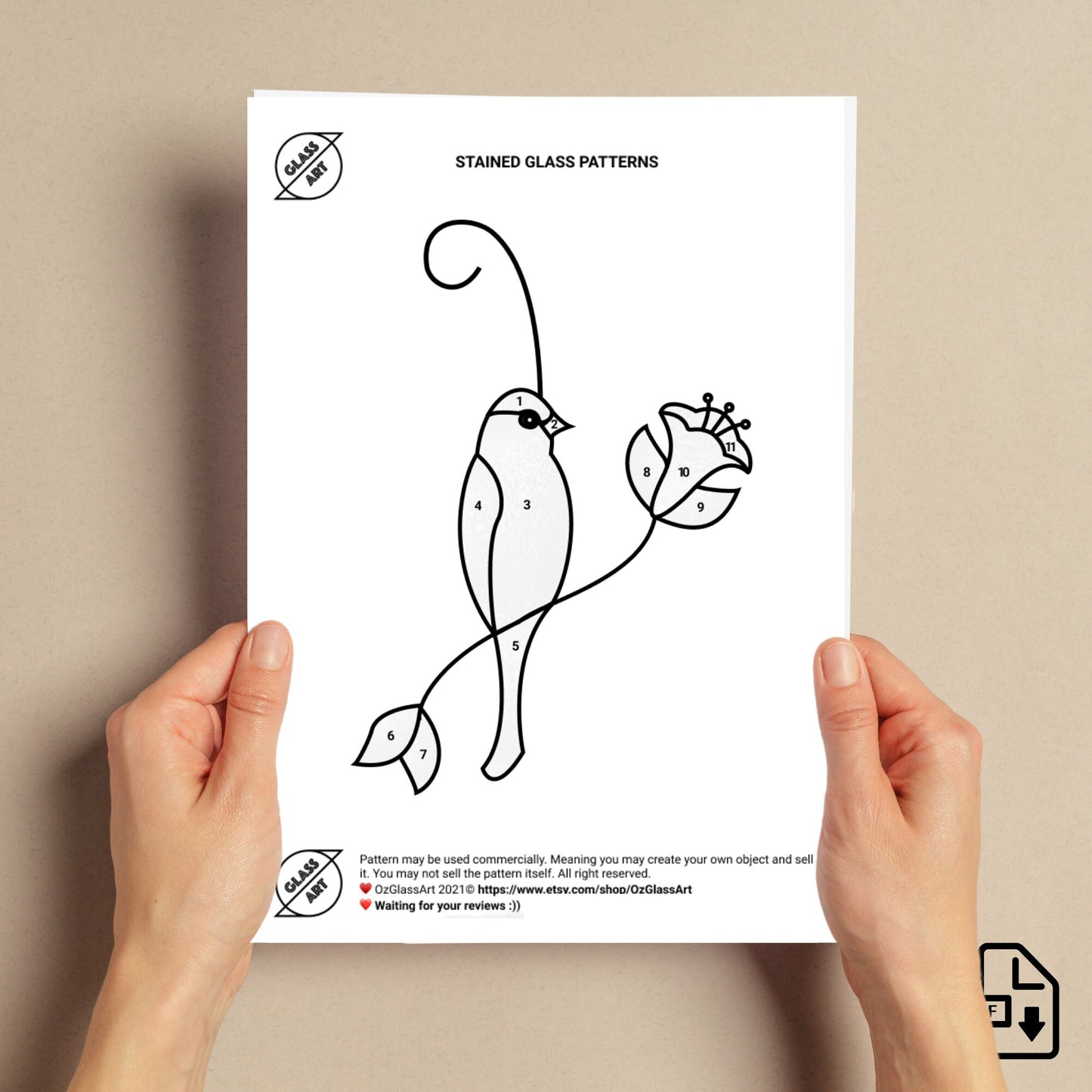 Blaues Vogel-Buntglasmuster als Geschenk zum Muttertag