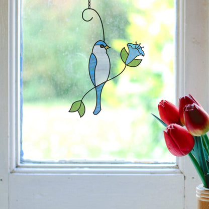 Blaues Vogel-Buntglasmuster als Geschenk zum Muttertag