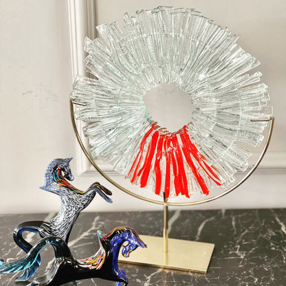 Decoración moderna de vidrio fundido con soporte de latón • Arte abstracto en vidrio • Art Déco único