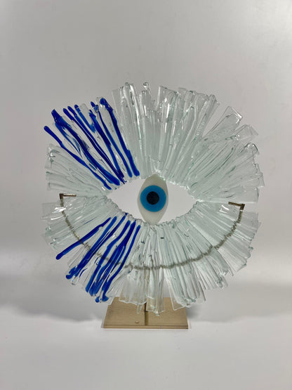 Modernes Evil Eye Glasdekor mit Messingständer • Geschenk zum Muttertag • Einzigartiges Art Deco