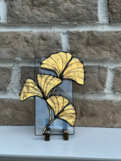 Ginkgoblatt-Buntglasplatte mit Ständer | Buntglas Ginkgo Biloba Wohndekoration