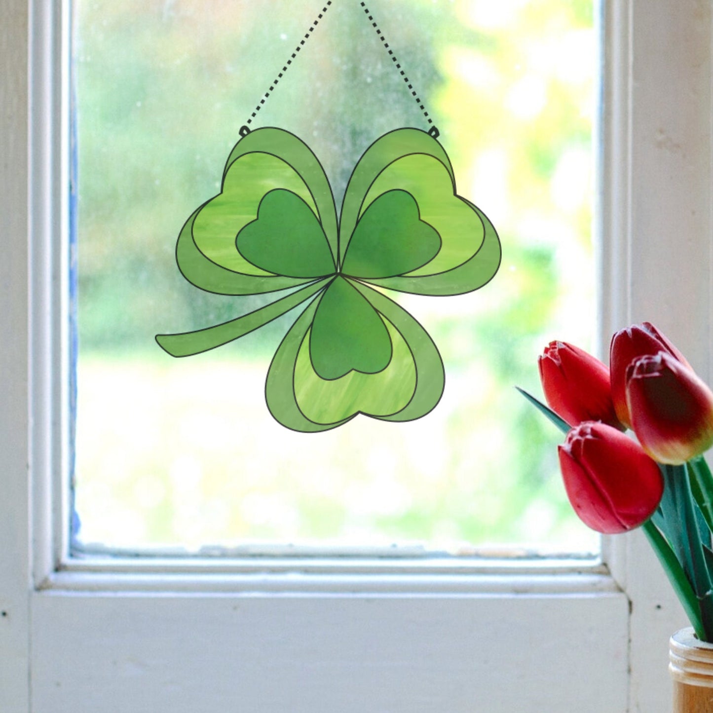 Glücksklee-Buntglasmuster • Kleeblatt-Anfänger-Muster zum Aufhängen von Fenstern