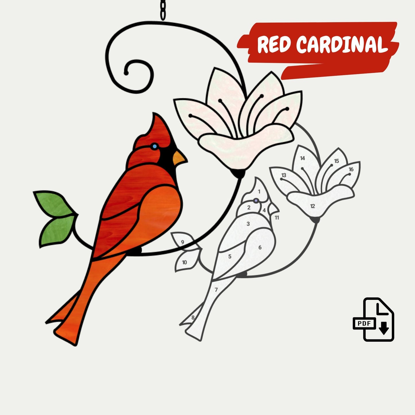 Rotes Kardinal-Buntglas-Sonnenfänger-Muster