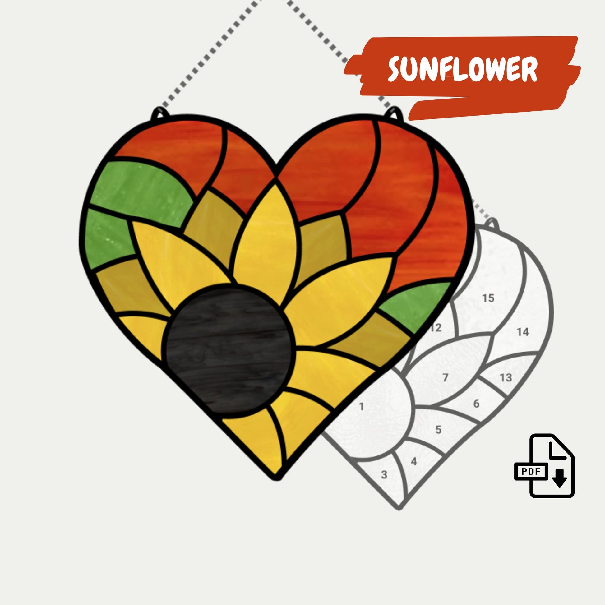 Stained Glass Heart Suncatcher Pattern With Sunflower – OzGlassArt Patterns