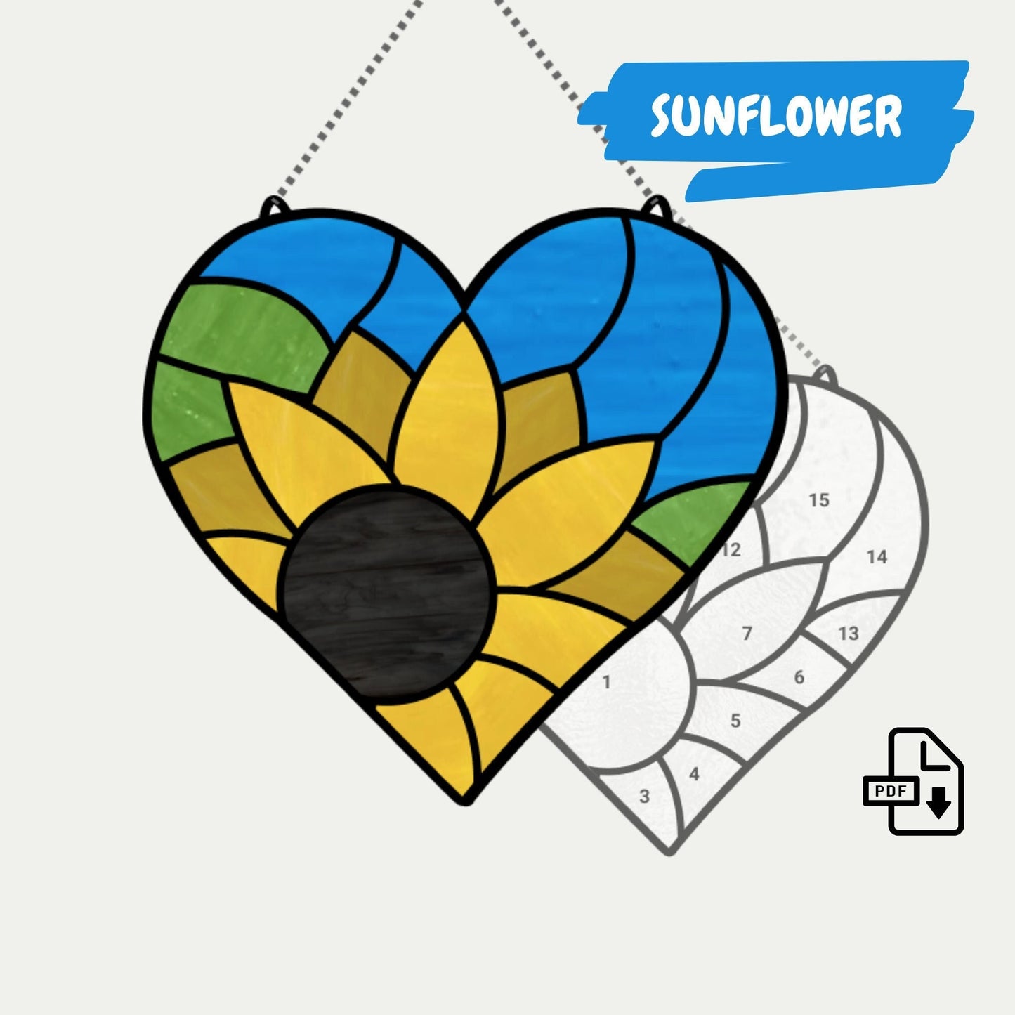 Buntglas-Herz-Sonnenfänger-Muster mit Sonnenblume