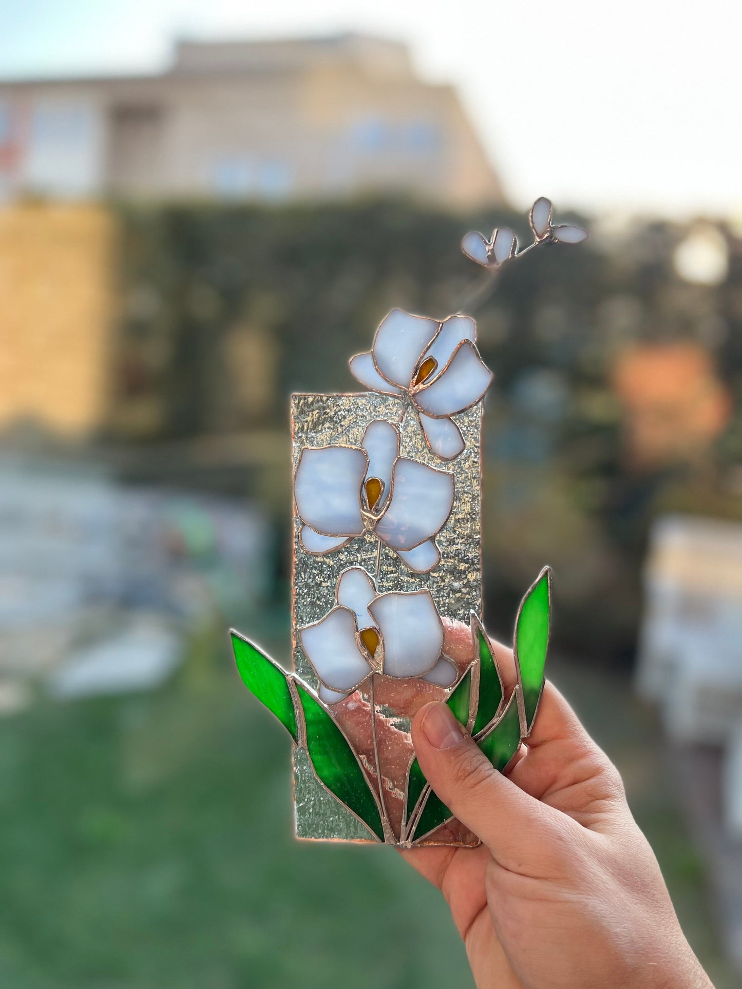 Panel de orquídeas de vidrieras con soporte | Decoración del hogar Suncatcher de vidrieras