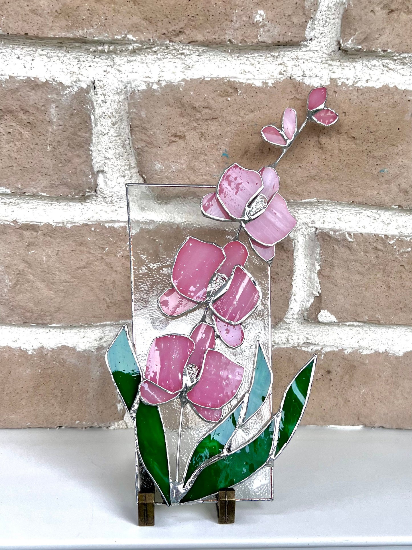 Stained Glass Flower Panel With Stand, stained glass orchid suncatcher home decor