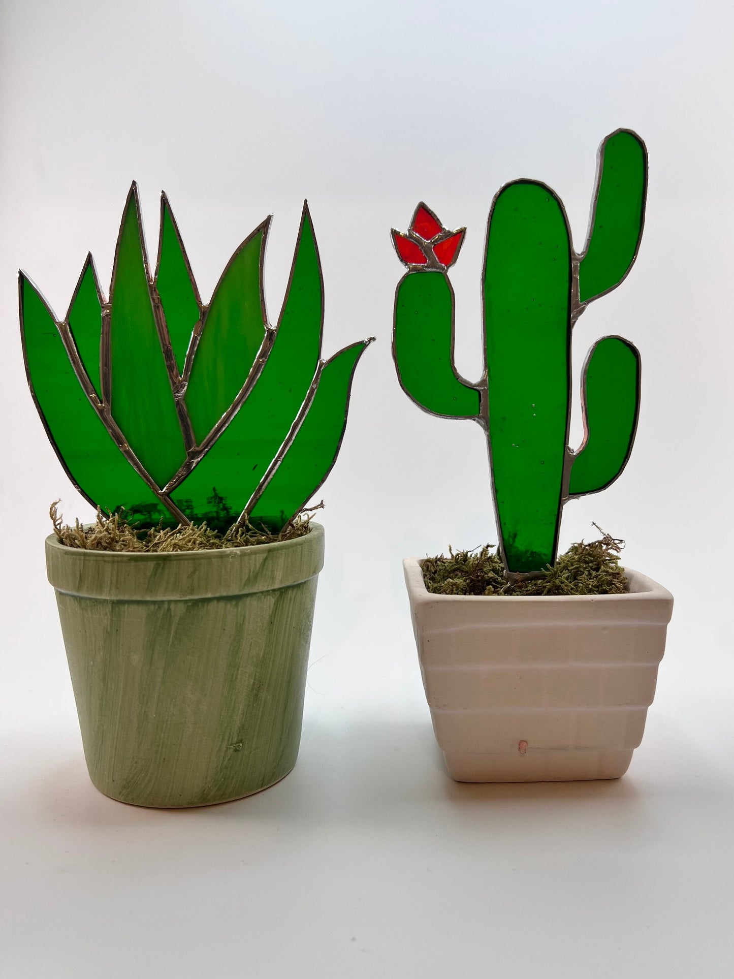 Buntglas-Pflanzenstab • Buntglas-Kaktus und Agavenblätter