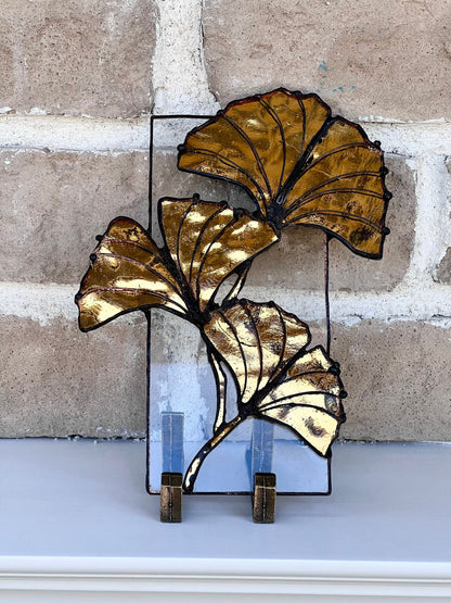 Ginkgo Leaf Stained Glass Panel with Stand | Stained Glass Ginkgo Biloba Home Decor