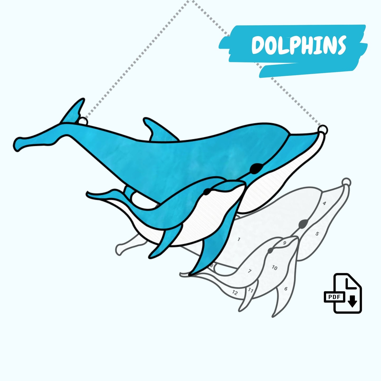 Buntglasmuster mit Delfinen • Muster zum Aufhängen von Delfinen am Fenster