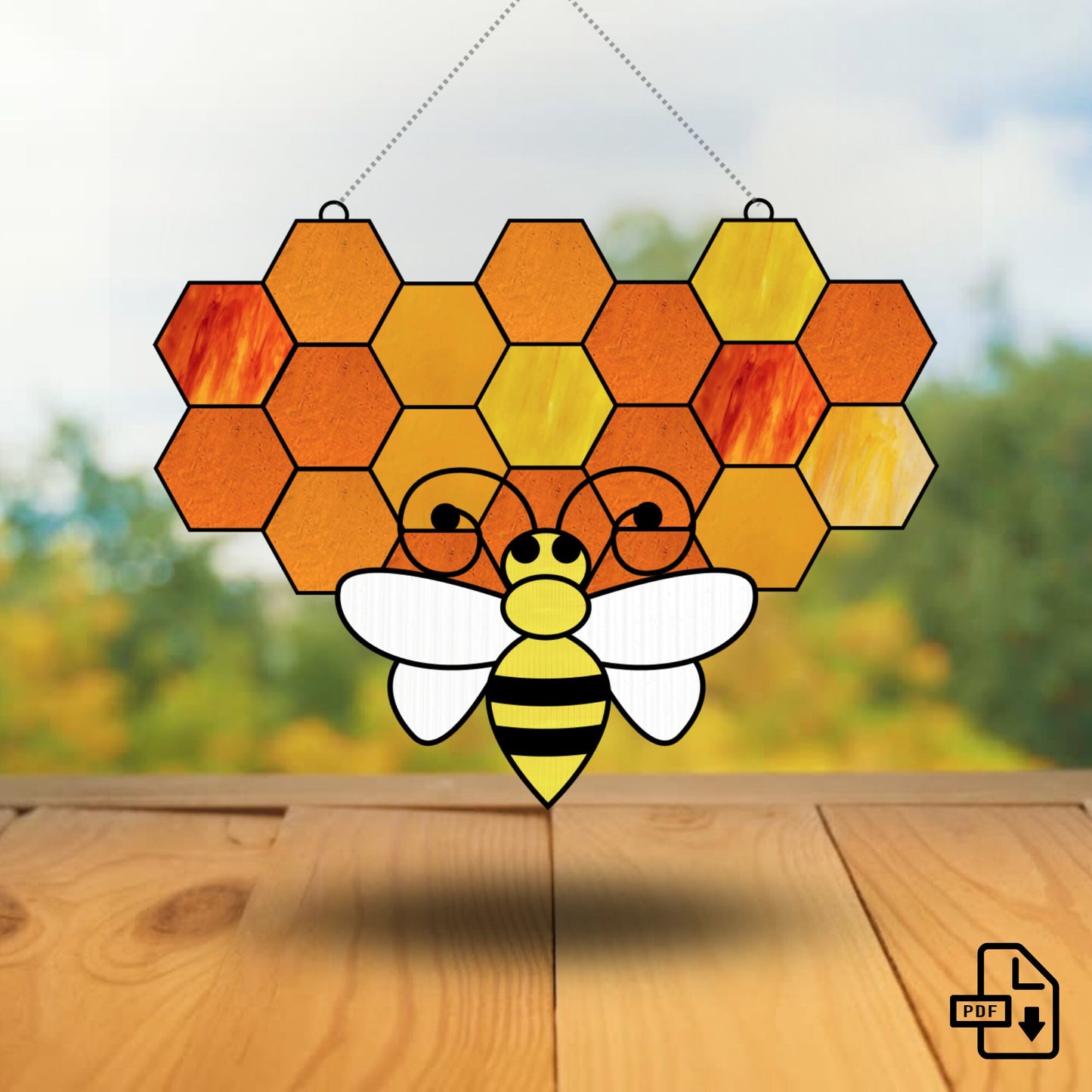 Bienenwaben-Buntglasmuster • Fensterbehang-Waben-Sonnenfängermuster