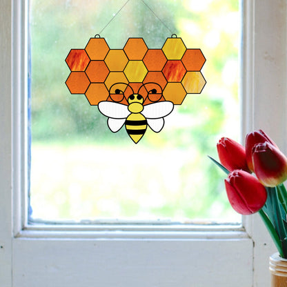 Patrón de vidrieras de abeja en forma de panal • Patrón de atrapasueños en forma de panal para colgar en la ventana