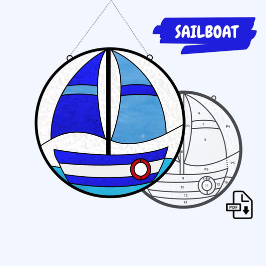 Segelboot-Buntglasmuster • Anfänger-Yacht-Wandbehangmuster