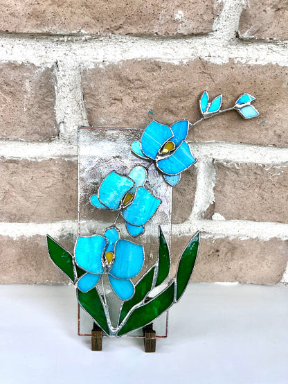 Stained glass Orchid Panel With Stand | Stained Glass Suncatcher Home Decor