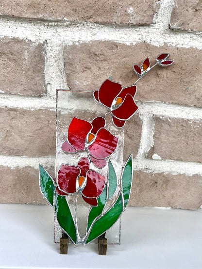 Panel de flores de vidrieras con soporte, decoración del hogar del cazador de sol de orquídeas de vidrieras