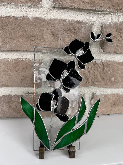 Panel de flores de vidrieras con soporte, decoración del hogar del cazador de sol de orquídeas de vidrieras
