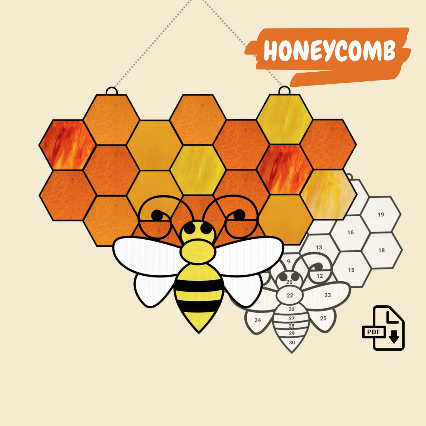 Honeycomb bee stained glass pattern • Window hanging honeycomb suncatcher pattern