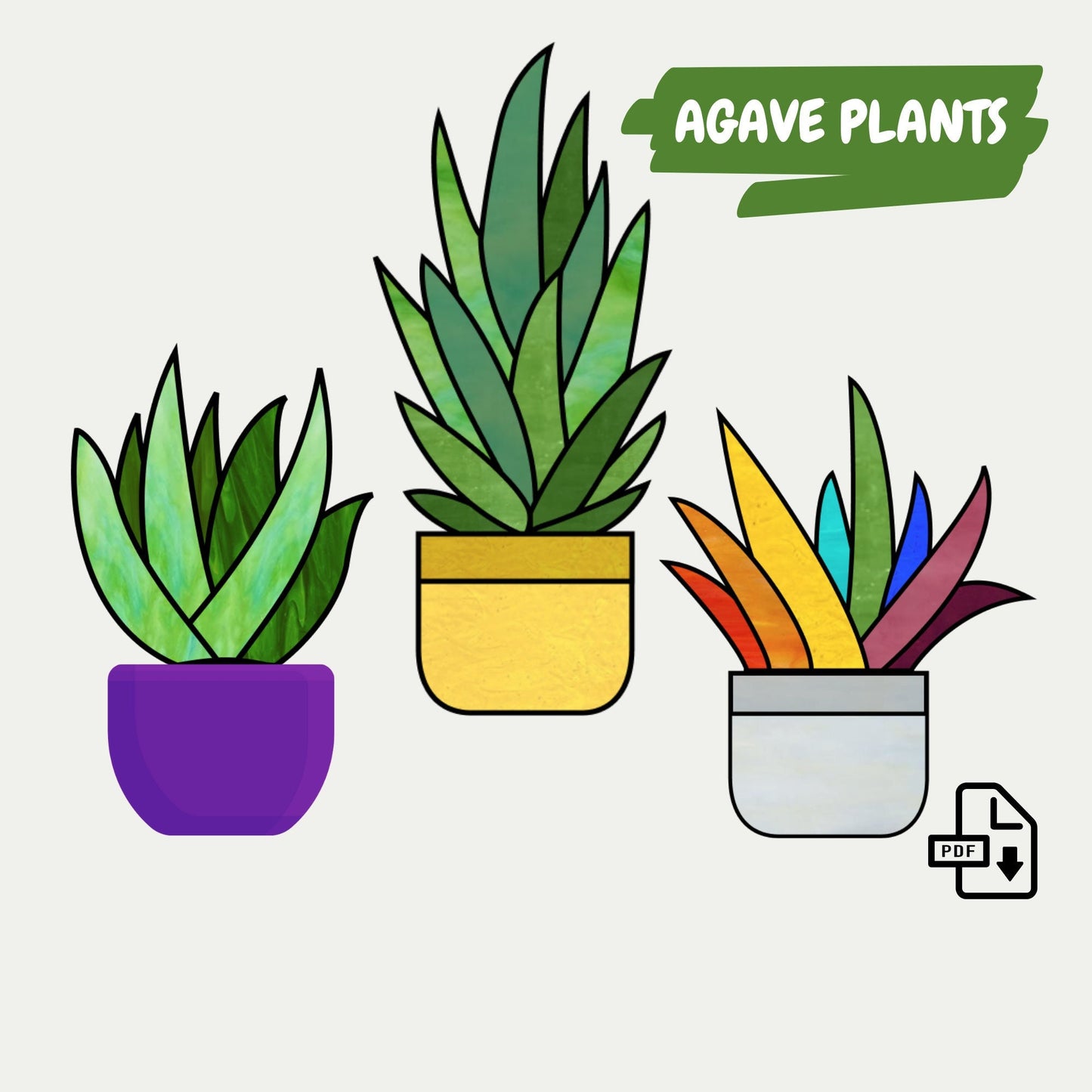 Agaven-Aloe-Pflanzenmuster-Set • Buntglas-Sukkulentenmuster