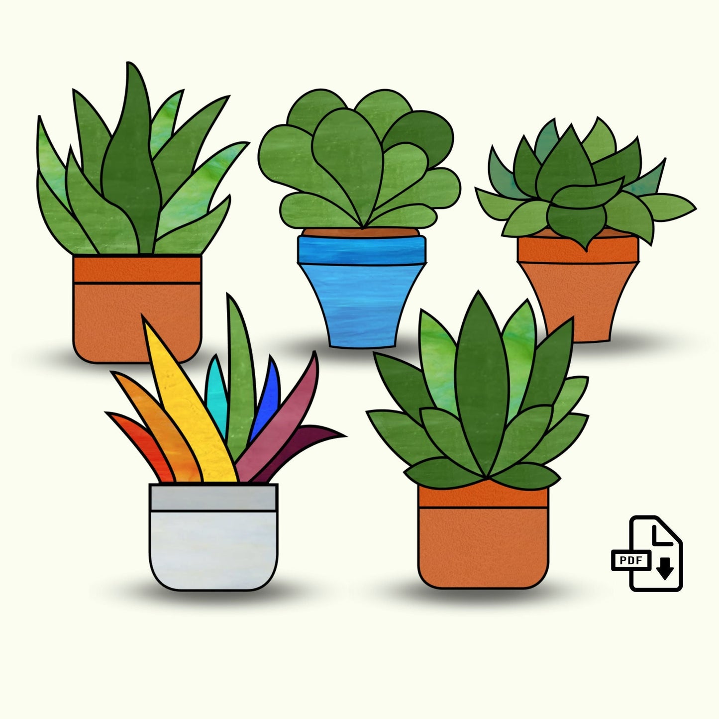 Stained Glass Succulent Patterns Set • Easy Succulent Plants Glass PDF Patterns