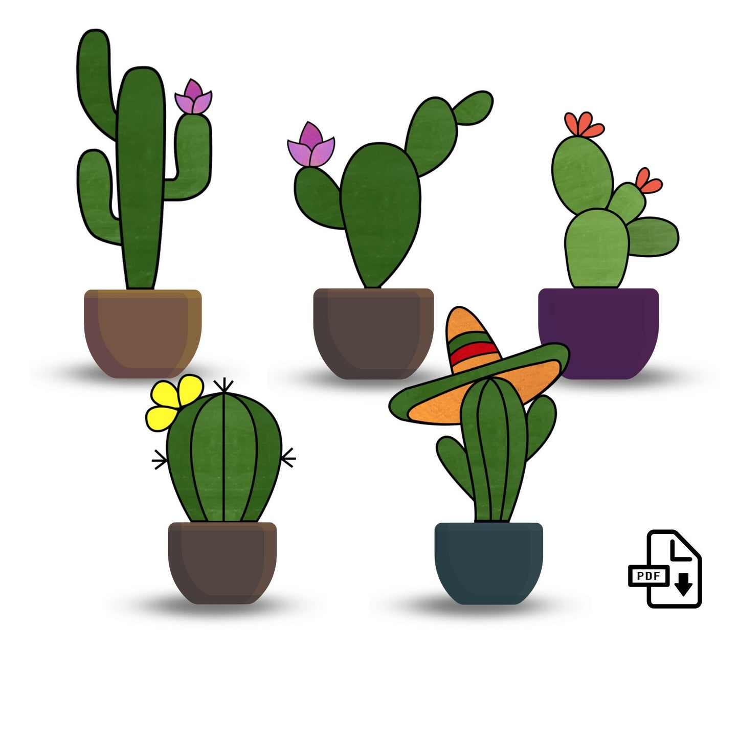 Buntglas-Kaktus-Musterpaket • 5 Kaktuspflanzen-Sonnenfänger-Muster