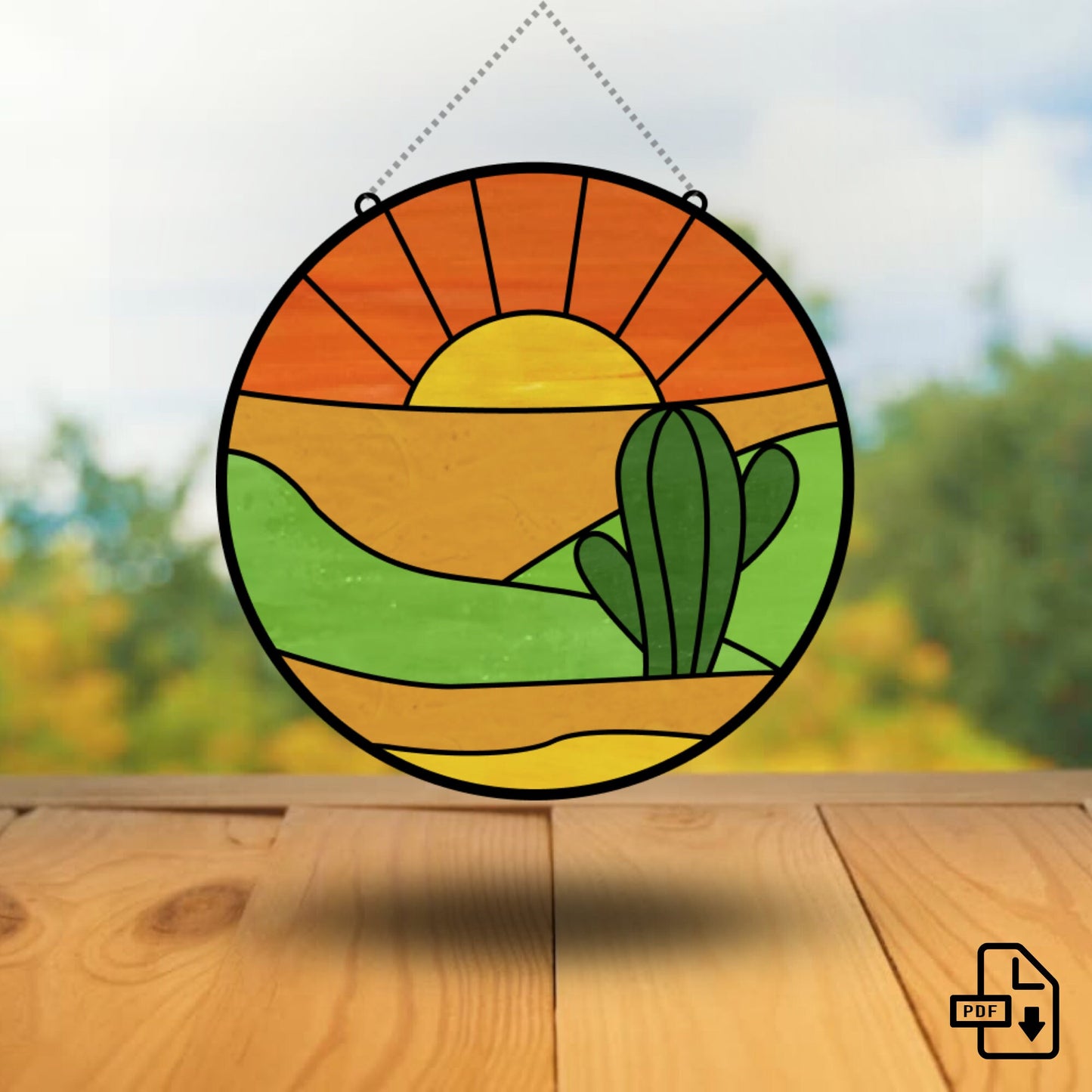 Cactus Landscape Stained Glass Suncatcher Window Hanging Pattern
