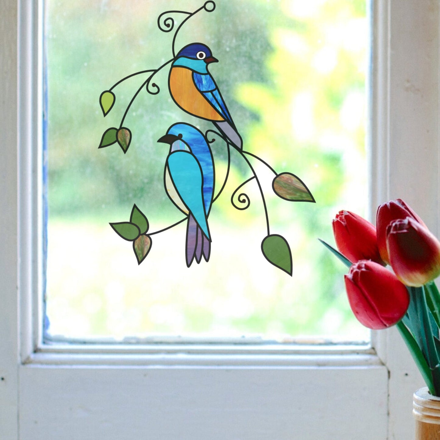 Muster zum Aufhängen von Vögeln auf Zweigen aus Buntglasfenstern