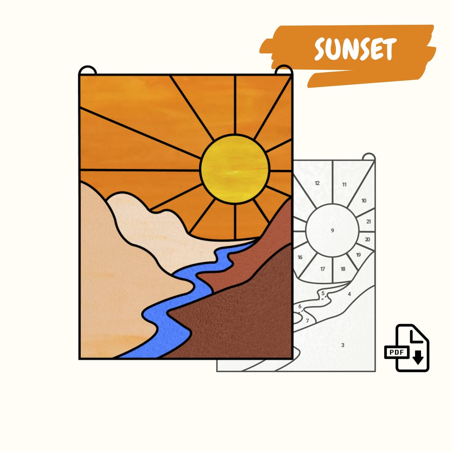 Einfaches Muster zum Aufhängen eines Sonnenfängers bei Sonnenuntergang am Fenster zum Herunterladen