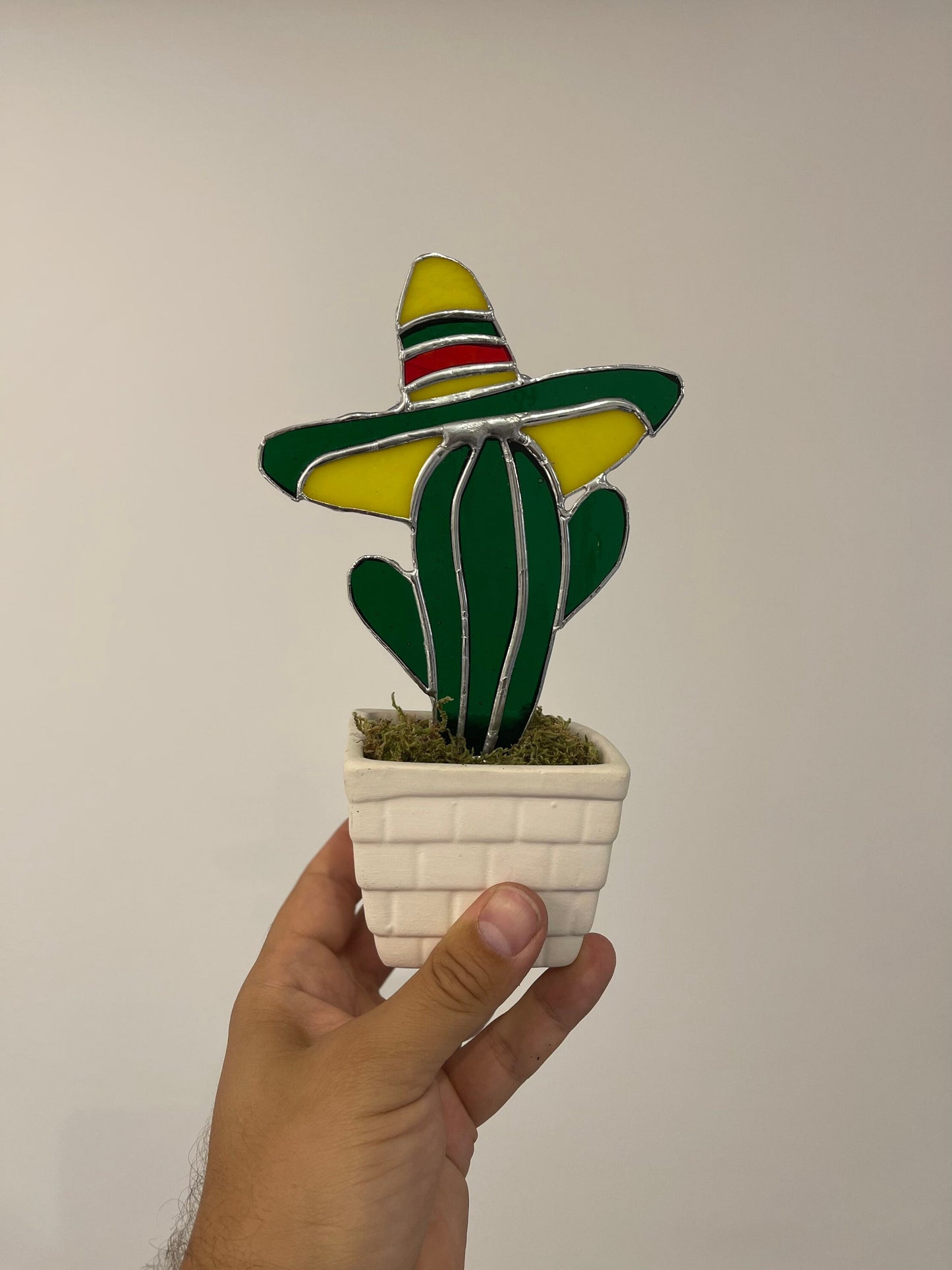 Stained Glass Cactus with Sombrero Hat • Cactus Plant Stake • Unique Gift