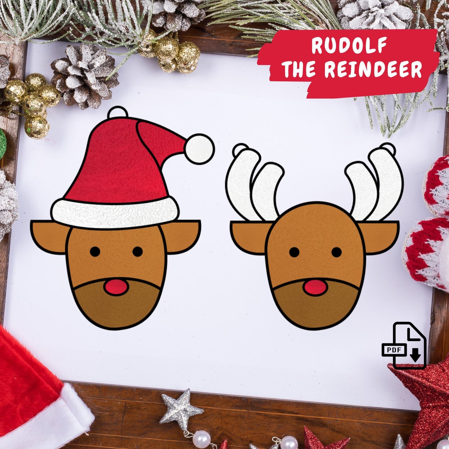 Buntglasmuster „Rudolf das Rentier“ • Muster zum Aufhängen von Weihnachtsfenstern zum Herunterladen