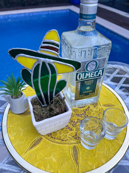 Buntglas-Kaktus mit Sombrero-Hut • Kaktus-Pflanzenstecker • Einzigartiges Geschenk