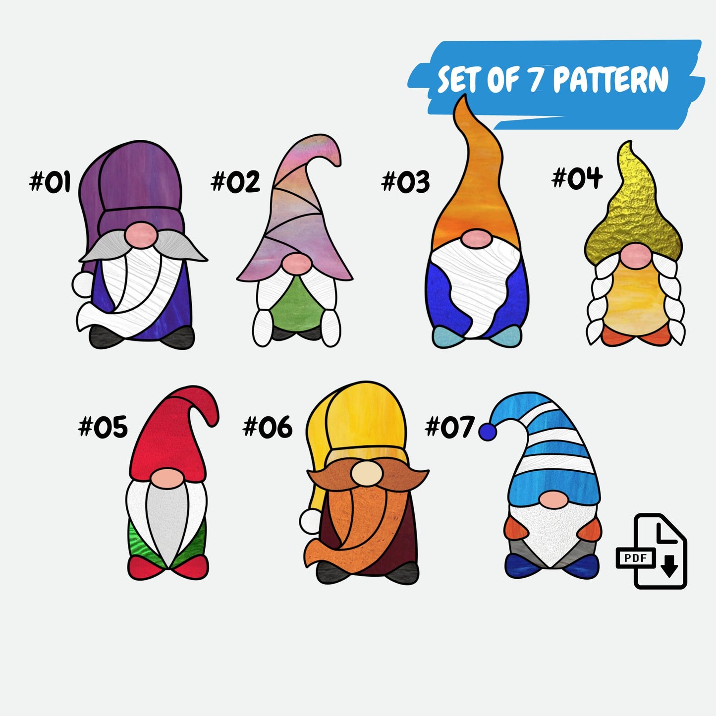 Gnome Stained Glass Pattern Pack • Easy Stained Glass Gnome Suncatcher Patterns