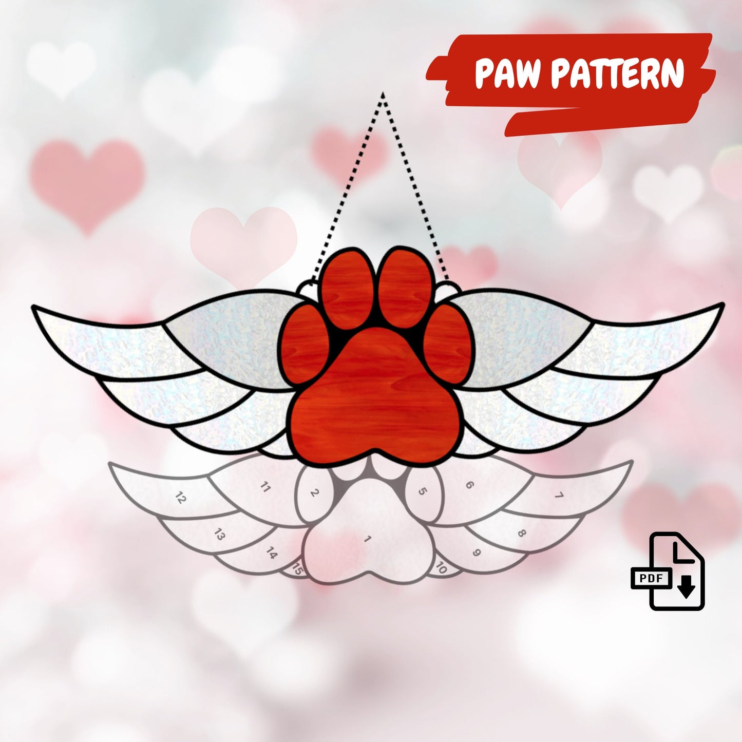 Patrón de vidriera con patas de mascota • Patrón de vidriera con alas de ángel para perros y gatos