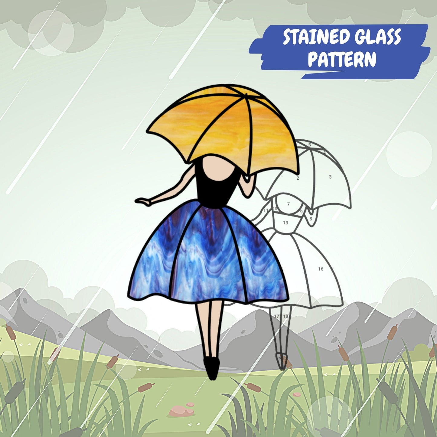 Mädchen mit Regenschirm-Buntglasmuster - Modernes Glasmuster